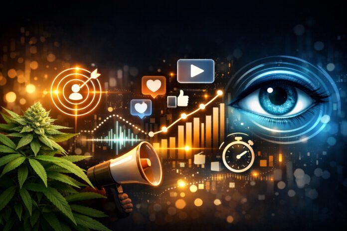 How attention metrics shape cannabis marketing visibility Abstract visualization of attention metrics in cannabis marketing, illustrating audience engagement, focus, and the shift away from vanity metrics like clicks and impressions.