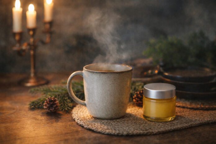 Cannabis wellness product styled beside a steaming mug in a cozy winter self-care setting.